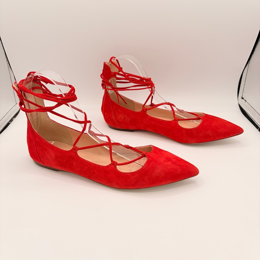 J.Crew Suede Lace Up Flats Size 6.5 Preppy Red Pointed Toe Ghillie Ballet Shoes
